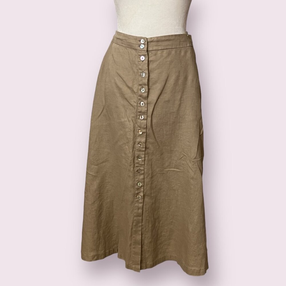 Grae Cove Women's Midi Skirt Button Front Size Large Tan Linen Side Slit